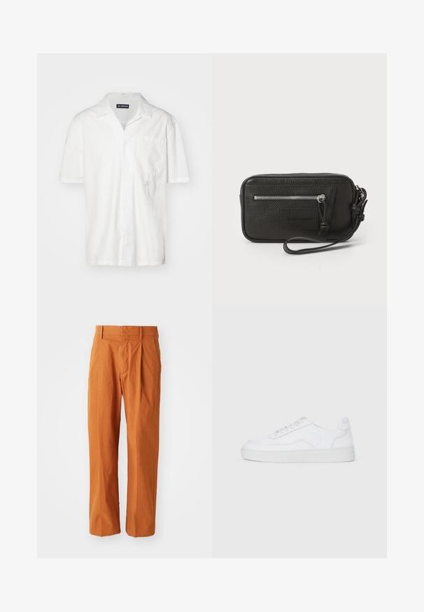Camicetta bianca a maniche corte in misto cotone, con colletto a punta, taschino frontale e un sottile ricamo decorativo sul lato sinistro.; Pantaloni in cotone arancione con vestibilità dritta, caratterizzati da pieghe frontali, passanti per cintura e una texture liscia. Design classico senza motivi.; Sneaker bassa bianca con lacci, tomaia liscia e suola in gomma su sfondo chiaro.; Clutch nera in pelle con superficie testurizzata, tasca frontale con zip e tracolla rimovibile. Presenta una patch con logo sul davanti. Forma rettangolare.