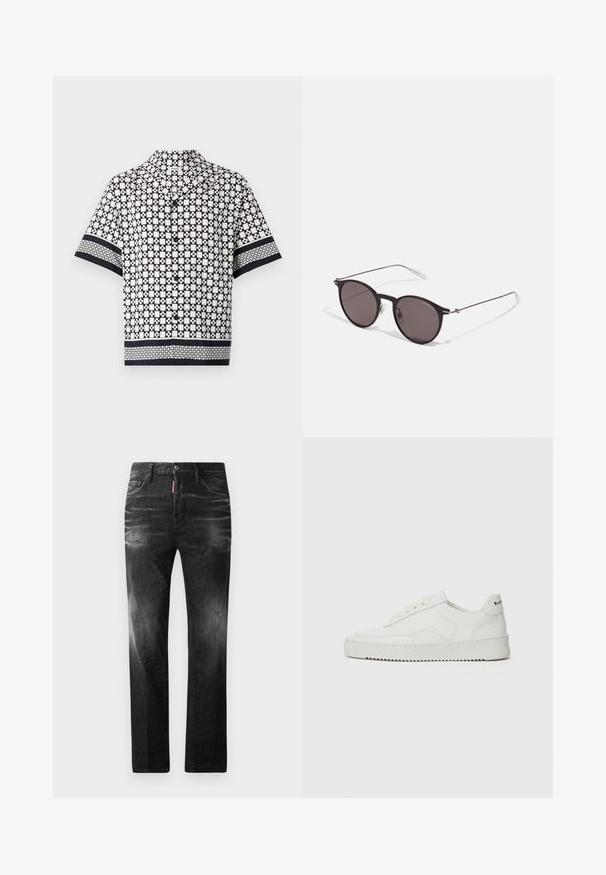sandro CROSS - Camicia - noir; Jeans in denim nero con vestibilità dritta. Presentano aree sbiadite, leggeri segni di usura, classico design a cinque tasche e chiusura con bottone.; Sneaker in pelle bianca con una finitura liscia, punta rotonda, lacci piatti e suola testurizzata. Presenta un logo discreto sul tallone.; Occhiali da sole neri rotondi con lenti scure e sottili bracci in metallo. Include punte trasparenti e accenti argentati alla cerniera. Design minimalista.