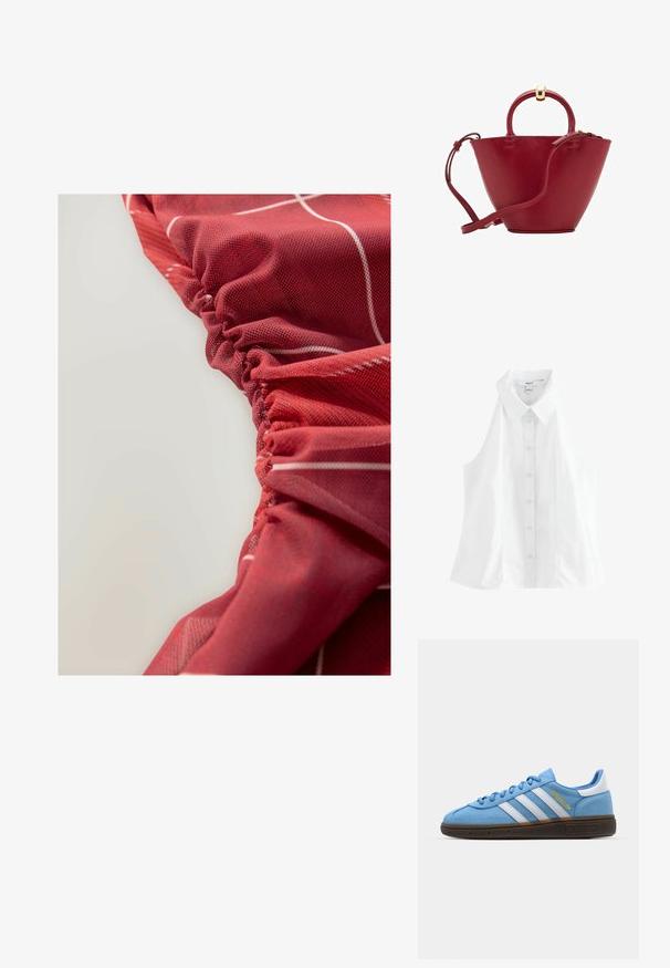 Bela brezrokavnik s poudarjenim ovratnikom, sprednjim gumbom in sproščenim krojem. Narejen iz gladkega, lahkotnega materiala.; Rdeča, teksturirana tkanina z nabranimi detajli in belimi linearni vzorci, ki prikazuje gladek in rahlo sijoč videz.; Svetlo modri semiš športni čevlji z belimi usnjenimi črtami, rjavo teksturirano podplatom in zlatim logotipom. Nizki dizajn z zaobljenim konicami.; Rdeča usnjena torbica z zaobljenim vrhom, strukturirano stožčasto obliko, kratko ročico in odstranljivim naramnim trakom. Opremljena z zlatimi dodatki.