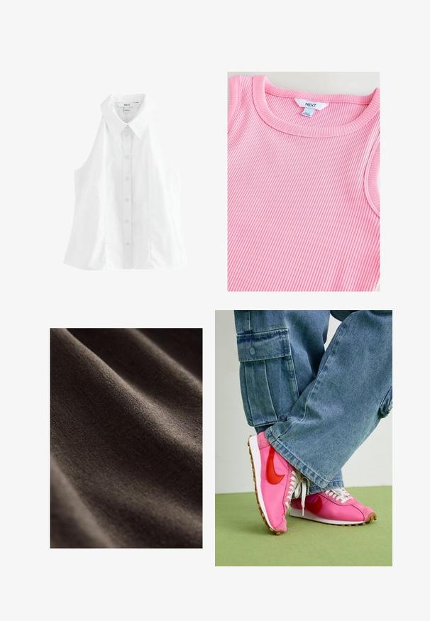 Valge ilma varrukateta särk, millel on terav krae, ees nupuvääristus ja mugav lõige. Valmistatud sujuvast ja kergest kangast.; Heledad roosa ribatud tank top ümara kaelusega, millel on pehme tekstuur ja sujuvad ääred, mille sildil on sees kirjas "NEXT".; Tumepruun kangas, millel on sujuv ja tekstureeritud pind, sisaldab peeneid kortse ning omab pehmet, mati välimust. Ideaalne erinevate tekstiilirakenduste jaoks.; Roosa puuvillane ja nahast tossud punaste aktsentidega, valged sidemed ja kummised tallad. Kanda laiadest denimpükstest, millel on küljetaskud.