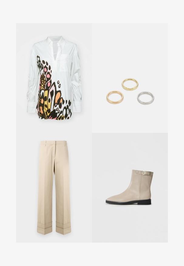 Valge pika varrukaga pluus, millel on värviline liblikakujundus musta, roosa ja oranži värviga; sellel on krae ja rindade tasku. Pehme kangastekstuuri.; Beezid püksid sirge lõikega, millel on kaksikkant allservas ja lame esikülg. Valmistatud siledast ja vastupidavast kangast.; Beesibjalge nahkse ankle boot, millel on terav nina, must tald, madal konts ja kuldne pandlapael välimisel küljel, esitatud valgel taustal.; Kolme metallist rõngast: üks roosa kuld, üks kuld tekstuursete aktsentidega ja üks hõbe, kõik sisepoolt graveeritud brändinguga.