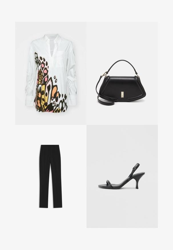 White long-sleeve blouse featuring a colorful butterfly pattern in black, pink, and orange; has a collar and a chest pocket. Soft fabric texture.; Black tailored trousers with a straight-leg design, featuring front pockets and a smooth, textured fabric. Neat, minimal detailing.; Black leather high-heeled sandals with a slim, curved heel and a crossed strap design. Adjustable ankle strap. Smooth texture.; Black leather handbag with a structured design, featuring a cropped shape, top handle, and gold hardware accent. Adjustable shoulder strap included.