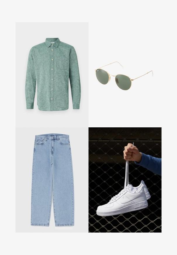 GAP STANDARD - Overhemd - rain forest; Lichtblauwe denim jeans met een recht model, voorzien van een middelhoge taille, vijf zakken en een knoop- en ritssluiting.; Witte leren sneakers met perforaties, ronde neus, vlakke zool en dikke veters, met een zichtbare swoosh-logo en "AIR" op de hiel.; Gouden metalen zonnebril met groene lenzen, ronde vorm, dunne pootjes en witte plastic accenten op de uiteinden van de steunen.