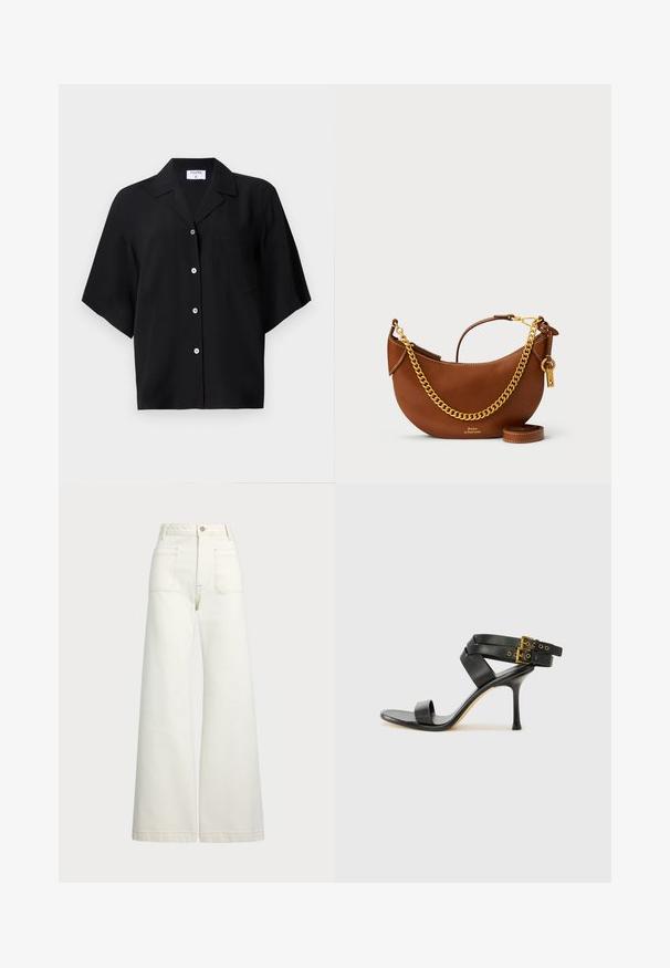 Filippa K SHORT SLEEVE SHIRT - Button-down blouse - black; Wide-leg jeans in off-white denim. High-waisted design with a button closure, two front pockets, and contrast stitching details.; Black heeled sandal with crossed straps and adjustable buckle. Features a smooth texture and tapered stiletto heel.; Brown leather handbag with a curved design, gold chain strap, interior pocket, and a detachable shoulder strap. Features contrasting stitching.