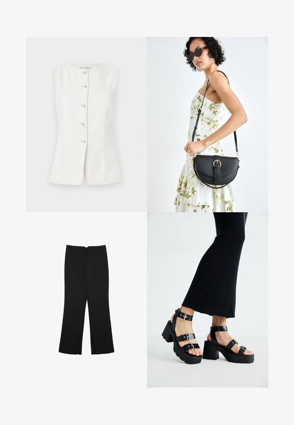 White sleeveless denim vest with a round neckline and five buttons down the front. Features side seams for a fitted shape.; Black trousers with a straight fit, featuring front pockets and side slits at the hem. Made of soft, smooth fabric. Suitable for various occasions.; Black platform sandals with chunky, lug soles and multiple straps, featuring metal buckles and a smooth leather-like texture.; Black leather handbag with a curved shape, detachable strap, and gold hardware. The bag features a flap with a buckle detail.