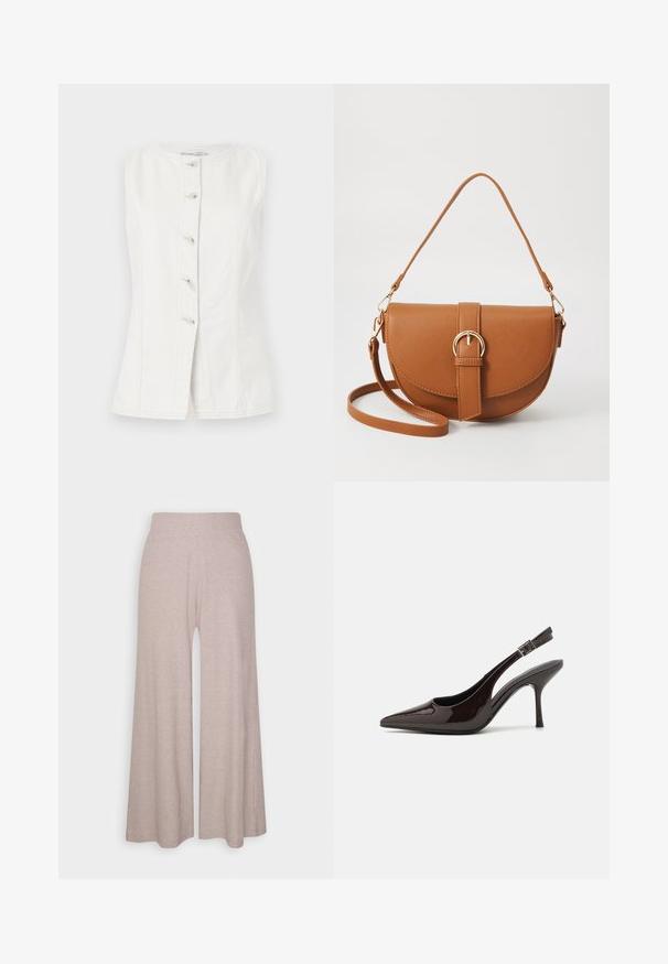 Valkoinen ilmanhiha denimliivi, jossa on pyöreä kaula-aukko ja viisi nappia edessä. Sisältää sivusaumat istuvan muodon luomiseksi.; Vaaleanharmaat, leveälahkeiset housut, jotka on valmistettu pehmeästä, nauhakoristeisesta kankaasta. Housuissa on korkea vyötärö ja täyspitkät lahkeet, joissa on hieno tekstuuri.; Korkokenkät tummanruskeasta kiiltävästä patenttinnahasta, teräväkärkiset, avoimet sivut ja säädettävä nilkkaremmi.; Ruskean nahkainen olkalaukku, jossa on kaareva muoto, kultaiset yksityiskohdat ja solkiyksityiskohta. Varustettu irrotettavalla olkahihnalla.