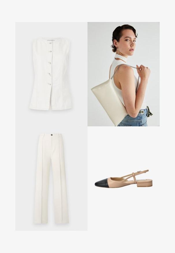 Gilet in denim bianco senza maniche con scollatura rotonda e cinque bottoni davanti. Presenta cuciture laterali per una forma aderente.; Pantaloni bianchi a gamba larga con vita alta, caratterizzati da due pinces frontali, chiusura con un bottone e tasche. Tessuto a trama liscia.; Scarpa slingback bicolore beige e nera con punta affilata, tacco piatto e dettaglio a fascia incrociata. Texture in pelle liscia.; Borsa a pochette rettangolare bianca realizzata in materiale lucido, con una tracolla in catena argentata. Il modello posa, mostrando la borsa su uno sfondo semplice.