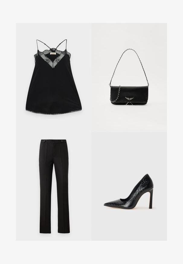 Camiseta negra sin mangas con tirantes ajustables, con un escote de encaje en forma de pico y bordes ondulados. Tejido suave con un ligero brillo.; Camisa de tirantes corta negra con un escote en V profundo, que presenta un panel de malla y un diseño impreso en la capa interior. Tela suave y transpirable.; Pantalones negros ajustados con pierna recta, dos bolsillos delanteros, cierre de botón y detalles de pliegues en la parte delantera. Textura de tela suave.; Zapato de tacón alto negro con punta afilada y textura de piel de cocodrilo, que presenta un diseño elegante, un alto tacón de aguja y un interior negro suave.; Bolso de mano de cuero negro con una correa de cadena plateada, que presenta acentos decorativos en forma de alas y costuras blancas a lo largo de la costura inferior.