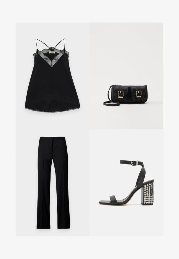 Musta toppi säilytettävillä olkaimilla, jossa on pitsinen syvään uurrettu kaula-aukko ja aaltoilevat reunat. Sujuva kangas kevyellä kiillolla.; Mustat suorat housut sileästä kankaasta, jossa on litteät etuosat, vyölenkit ja ei näkyviä taskuja tai koristeita.; Musta nahkainen korkokenkä, jossa on nilkkaremmi. Kuvastaa neliönmuotoista varvasta, sileää pintaa ja neliönmuotoista paksua korkoa, joka on koristeltu hopeisilla niiteillä.; Musta nahkainen olkalaukku, jossa on kaksi etutaskua, kultaiset soljet, vetoketjukiinnitys ja kapea hihna. Teksturoidun pinnan ja kompaktin suorakaiteen muoto.