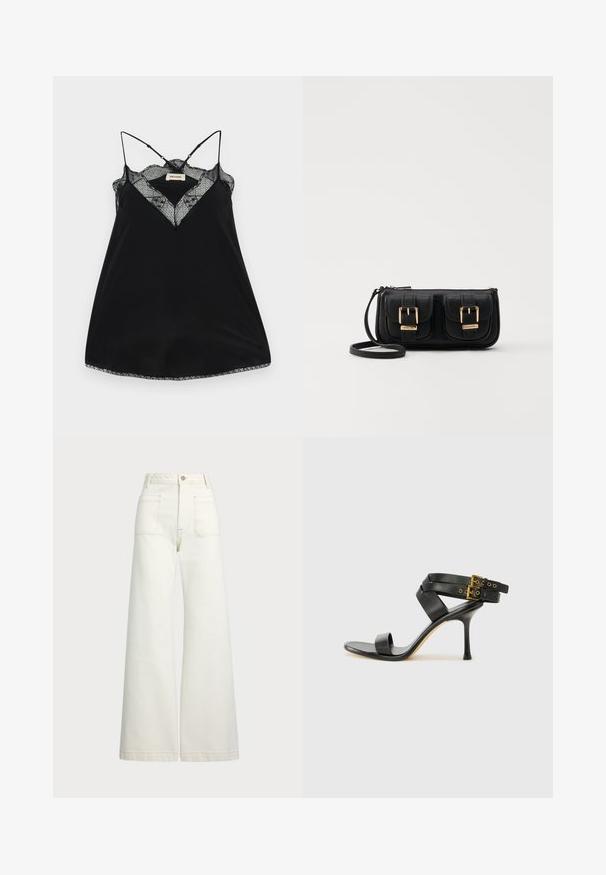 Camisola preta com alças ajustáveis, apresentando um decote rendado em forma de V e bordas em ondas. Tecido liso com um ligeiro brilho.; Jeans de perna larga em denim off-white. Design de cintura alta com fecho de botão, dois bolsos frontais e detalhes de costura em contraste.; Sandal preto de salto alto com tiras cruzadas e fivela ajustável. Apresenta uma textura suave e um salto agulha afilado.; Bolsa de ombro em couro preto com dois bolsos frontais, fivelas douradas, fecho de zíper e uma alça fina. Superfície texturizada e forma retangular compacta.