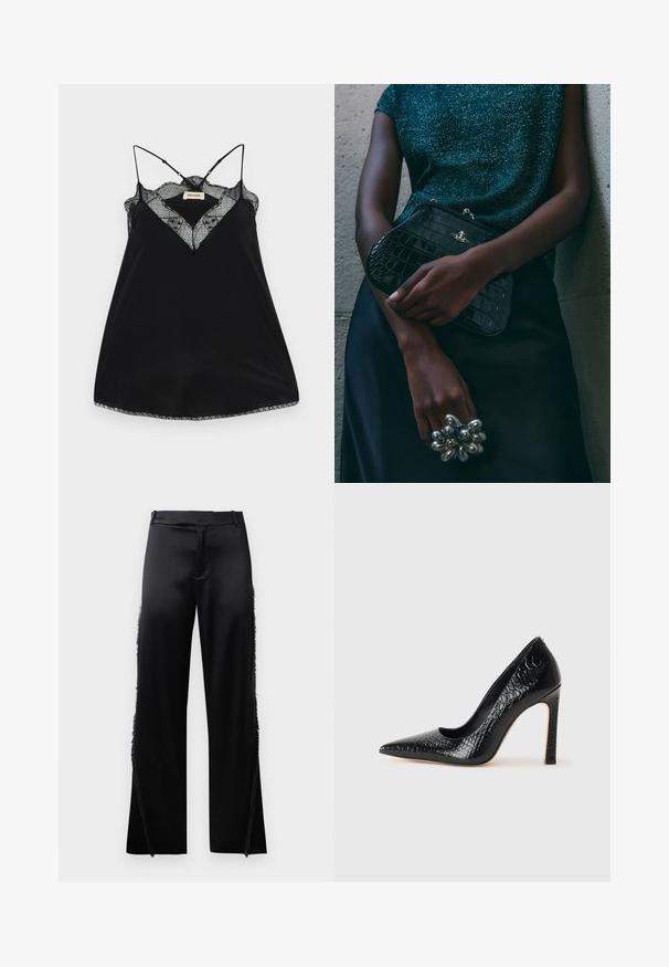 Sort camisole med justerbare stropper, prydet med en blonderede V-udskæring og bølgede kanter. Glat stof med en let glans.; Sorte satinbukser med brede ben, der har frynse detaljer langs sidesømmen og en flad front talje. Ensfarvet bag uden lommer.; Sorte spidse tå stiletto-sko i krokodilleskind med et strømlinet design, høj hæl og glat sort inderside.; Sorte clutchtaske med krokodillemønster og sølvhardware, holdt mod en tekstureret grå baggrund. Har en blank overflade.