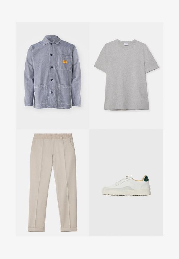 Chaqueta de trabajo a rayas en azul marino y blanco, con cierre abotonado en la parte delantera, cuello, bolsillo en el pecho con etiqueta amarilla y dos bolsillos en la parte frontal.; Camiseta gris de manga corta hecha de una tela suave y texturizada. Presenta un cuello redondo clásico y un dobladillo recto, adecuada para uso casual.; Filippa K TERRY CROPPED TROUSERS - Pantalones - sage melange; Zapatilla blanca con acentos de ante, puntera redondeada, cordones planos y suela de goma color crema. Presenta un logo verde en el talón.