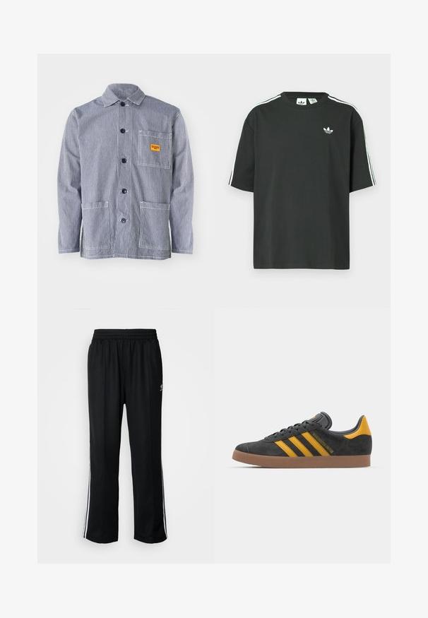 Giacca da lavoro a strisce in blu e bianco, dotata di chiusura a bottoni davanti, colletto, taschino sul petto con etichetta gialla e due tasche frontali.; Maglietta nera in cotone con maniche corte, scollo rotondo e dettagli bianchi a tre strisce sulle spalle. Presenta un piccolo logo bianco sul petto.; Pantaloni da allenamento neri con elastico in vita, dotati di bande laterali bianche e un piccolo logo. Il materiale sembra morbido e leggero.; Sneaker in suede nero con dettagli gialli, dotato di tre strisce e una suola in gomma marrone. Include una linguetta imbottita per il comfort.