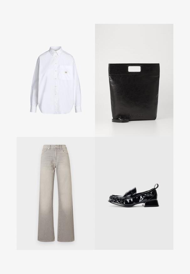 Camicia bianca con bottoni, colletto classico, maniche lunghe, taschino frontale e una piccola etichetta con il logo CK sulla tasca. Tessuto di cotone liscio.; Jeans grigi larghi con finitura sbiadita, chiusura con bottone, design a cinque tasche e cuciture decorative lungo le cuciture.; Mocassino in pelle verniciata nera con punta quadrata, dettagli arricciati, tacco a blocco basso e linguetta sul retro, su sfondo bianco.; Borsa tote in pelle nera con manico quadrato, caratterizzata da una finitura testurizzata e logo impresso. Include una tracolla rimovibile.