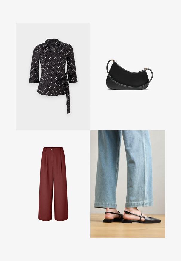 Sort indpakningsskjorte med hvide prikker, der har krave, trekvartærmer og en bindedetalje i taljen. Glat bomuldsstruktur.; Videbenede bukser i en rig bordeauxfarve, lavet af glat stof. Har en talje, forreste folder og en enkelt knaplukning.; Sorte læder slingback-sko med spidse tæer, flad hæl og ankelrem; båret med lyseblå viddebenede jeans.; Sort læder skuldertaske med en buet design, der har en tekstureret rem og hardware i guldtonet ved lukningen for oven. Glat finish.; Sæt af guldfarvede øreringe med forskellige designs, herunder studs, hoops og hængende modeller med perler og rhinsten.