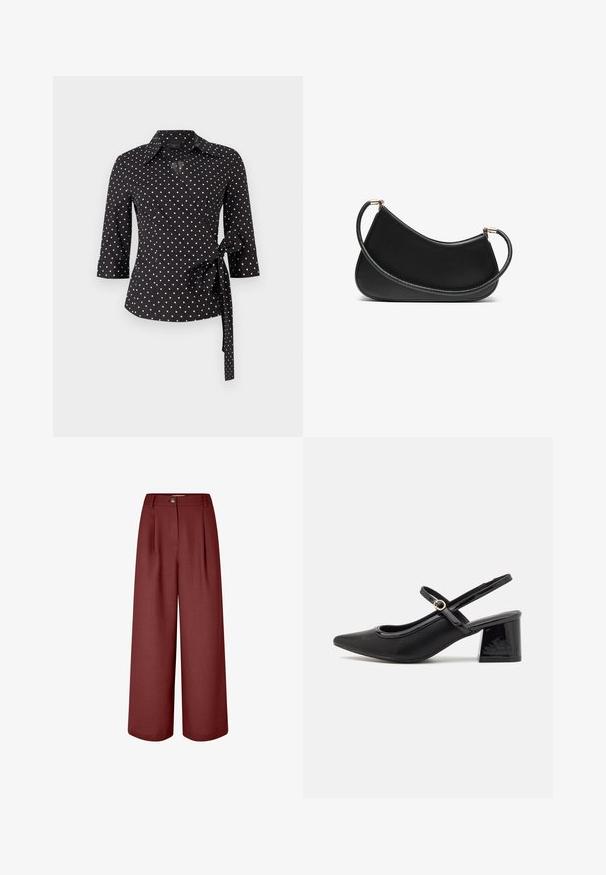 Čierna blúzka s bielymi bodkami, s golierom, trojštvrťovými rukávmi a viazaním v oblasti pása. Hladká bavlnená textura.; Široké nohavice v bohatých burgundských farbách, vyrobené z hladkej látky. Majú pás a predné záhyby, s jedným gombíkom na zapínanie.; Čierne lakované kožené lodičky so slingback dizajnom, špicatou špičkou, zaobleným výrezom a blokovým podpätkom. Obsahuje akcent zlatého tónu s prackou.; Čierna kožená taška cez rameno s zakriveným dizajnom, s textúrovaným popruhom a zlatými prvkami na hornej priehradke. Hladký povrch.; Súprava náušníc v zlatom odtieni obsahujúca rôzne dizajny, vrátane puzetových, kruhových a visiacich kúskov s perlami a rhinestones.