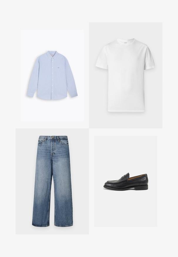 Camicia button-up con righe verticali blu e bianche, maniche lunghe, colletto e un piccolo logo ricamato sul petto. Materiale in cotone.; T-shirt bianca a maniche corte realizzata in morbido cotone. Presenta un collo rotondo e un orlo dritto con dettagli minimi.; Jeans in denim blu a gamba larga con lavaggio sbiadito, design a cinque tasche e chiusura con bottone. Dotati di passanti per cintura e dettagli cuciti.; Mocassini in pelle nera con finitura liscia, punta arrotondata e cuciture decorative sulla tomaia. Tacco basso impilato e leggero lucido.