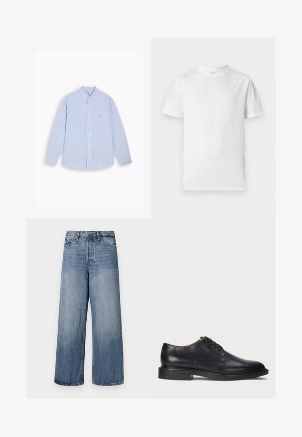 Button-up shirt with blue and white vertical stripes, long sleeves, collar, and a small embroidered logo on the chest. Cotton material.; White short-sleeve t-shirt made of soft cotton. Features a round neckline and a straight hem with minimal detailing.; Wide-leg blue denim jeans with a faded wash, five-pocket design, and a button closure. Equipped with belt loops and stitched detailing.; Black leather dress shoe with a round toe, lace-up design, and a low stacked heel. Smooth texture with minimal stitching details.