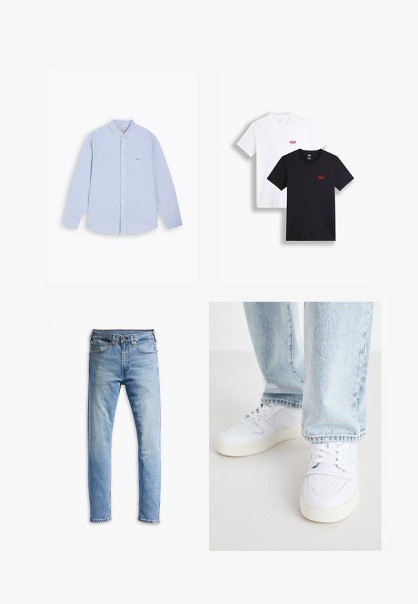 Camisa de botones con rayas verticales azules y blancas, de manga larga, con cuello y un pequeño logo bordado en el pecho. Material de algodón.; Dos camisetas de manga corta: una blanca y una negra. Ambas de algodón con un logo rojo de Levi's en el pecho. Diseño simple de cuello redondo.; Vaqueros de denim azul claro con un diseño de corte recto, cinco bolsillos, cierre de botón y un leve desgastado en la tela.; Zapatillas bajas de cuero blanco con puntera perforada, cordones planos y diseño minimalista. Combinadas con pantalones vaqueros de mezclilla azul claro.