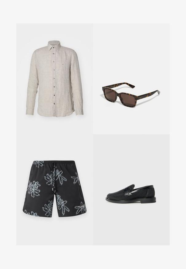 Hellbeige Leinenhemd mit langen Ärmeln, Button-Down-Kragen und einer vorderen Knopfleiste. Verfügt über ein kleines gesticktes Logo auf der Brust.; Schwarze Badehosen mit einem glänzenden floralem Muster in Hellgrau. Elastischer Bund mit Kordelzug und Logodetail auf der unteren rechten Seite.; Schwarzer geflochtener Slipper mit einem glatten Lederakzent im Obermaterial, einem runden Zehendesign und einer flachen Gummisohle.; Gucci-Sonnenbrillen mit quadratischen, Schildpatt-kunststoffrahmen und braunen Gläsern. Mit dezentem Branding an den Schläfen.