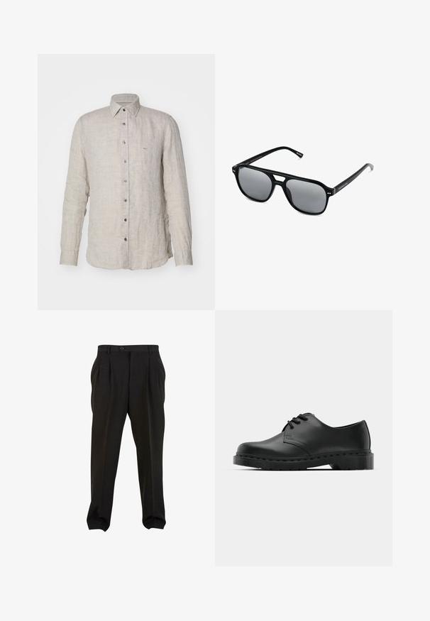 Camisa de lino de color beige claro con mangas largas, cuello de botón y una tapeta frontal con botones. Presenta un pequeño logo bordado en el pecho.; Pantalones negros de tejido suave, con pliegues frontales, cinturilla con botón y puños en los tobillos ajustados. Silueta clásica y ajustada.; Zapato oxford de cuero negro con diseño de cordones, punta redonda, suela de goma plana y un sutil detalle de costura en la parte superior.; Gafas de sol negras con montura rectangular, lentes ahumados grises y diseño con corte en el puente. Material plástico brillante y elegante, con varillas estrechas.