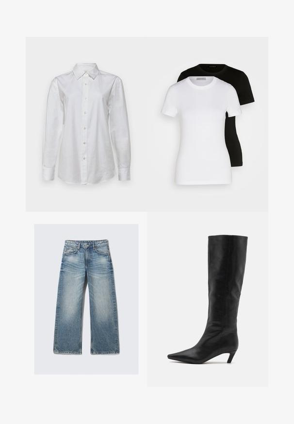 Valge pika varrukaga puuvillane särk. Omab teravat kraed ja nööpidega esiosa koos sobivate nööpidega. Sile tekstuur.; Kaks lühikeste varrukatega T-särki must ja valge. Valmistatud siledast puuvillast, klassikalise ümmarguse kaeluse ja tavapärase lõikega.; Heled sinised laiad teksapüksid, mis on valmistatud denimist, kõrge talje, viie tasku ja kulumisega määrdunud pesu ning kergelt kulunud efektiga.; RAID FLAURA - Saapad - black