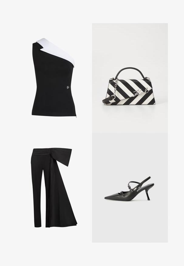 One-shoulder top in black fabric with a contrasting white collar detail. Features a fitted shape and a small logo in the lower right corner.; Black trousers with a wide, draped sash detail at the waist. Smooth fabric, straight leg cut, and pleated waistband.; Black leather slingback heels with a pointed toe, slender heel, and decorative buckle detail on the vamp. Smooth texture and sleek design.; Black and white striped handbag with a structured shape, featuring a top handle, a detachable chain strap, and metallic logo accent.