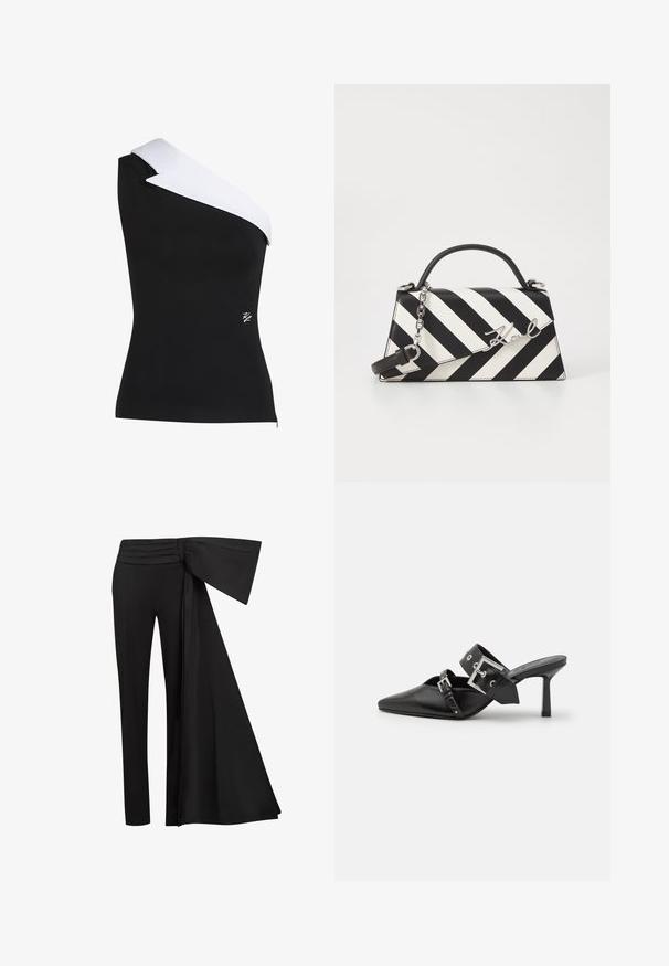 Top asimétrico en tela negra con un detalle de cuello blanco en contraste. Presenta una forma ajustada y un pequeño logo en la esquina inferior derecha.; Pantalones negros con un ancho detalle de cinta drapeada en la cintura. Tejido suave, corte recto de pierna y cinturilla plisada.; Mules de tacón alto negros con puntera afilada, elaborados en cuero suave. Cuentan con una amplia correa para el tobillo con una hebilla cuadrada de plata y tachuelas.; Bolso de mano a rayas en blanco y negro con una forma estructurada, que cuenta con un asa superior, una correa de cadena desmontable y un acento de logo metálico.