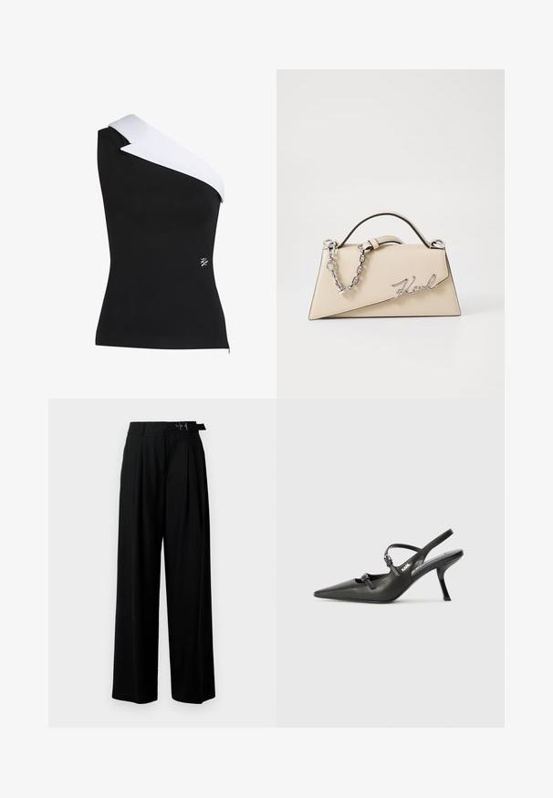Eén-schouder top van zwarte stof met een contrasterend witte kraagdetail. Heeft een aansluitende pasvorm en een klein logo in de rechterbenedenhoek.; Zwarte wijde broek met hoge taille, plooien aan de voorkant en een riem met een gesp. Gemaakt van glad, lichtgewicht stof.; Zwarte leren slingback hakken met een spitse neus, slanke hak en decoratieve gespdetails op de bovenkant. Gladde textuur en een strakke uitstraling.; Beige leren handtas met een gestructureerde, driehoekige vorm, voorzien van een zilveren kettinghandvat en een cursieve logo in metaal.