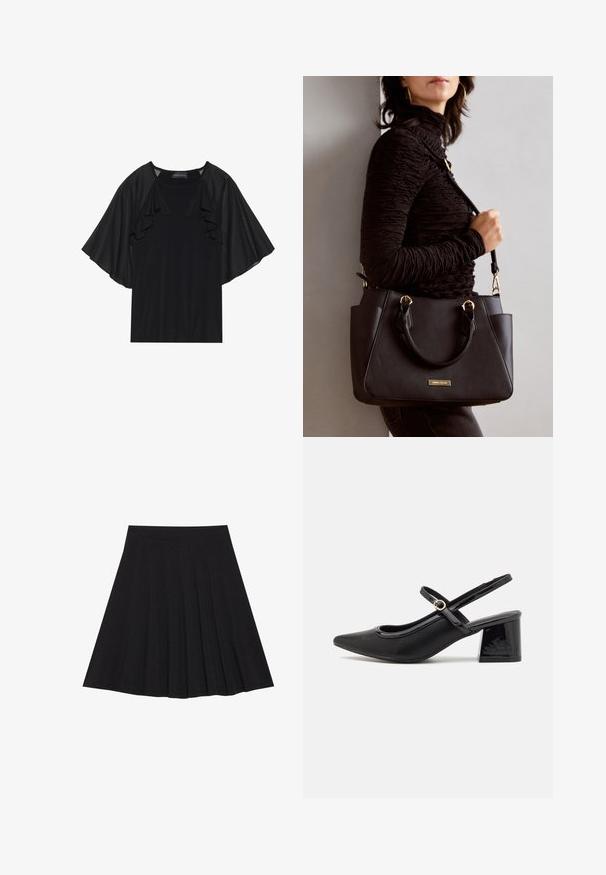 Top preto com manga curta e franzida, e decote redondo. O material parece suave com um brilho subtil. Design casual.; Saia preta plissada feita de tecido texturizado com uma faixa na cintura ajustada. Cai até ao joelho, apresentando uma silhueta suave e limpa.; Sabrinas de cerâmica preta com salto bloco, bico apontado e um design com recortes arredondados. Apresenta um detalhe em fivela de tom dourado.; Bolsa preta com superfície texturizada, alças superiores duplas e alça de ombro ajustável. Apresenta ferragens em tom dourado e bolsos laterais.