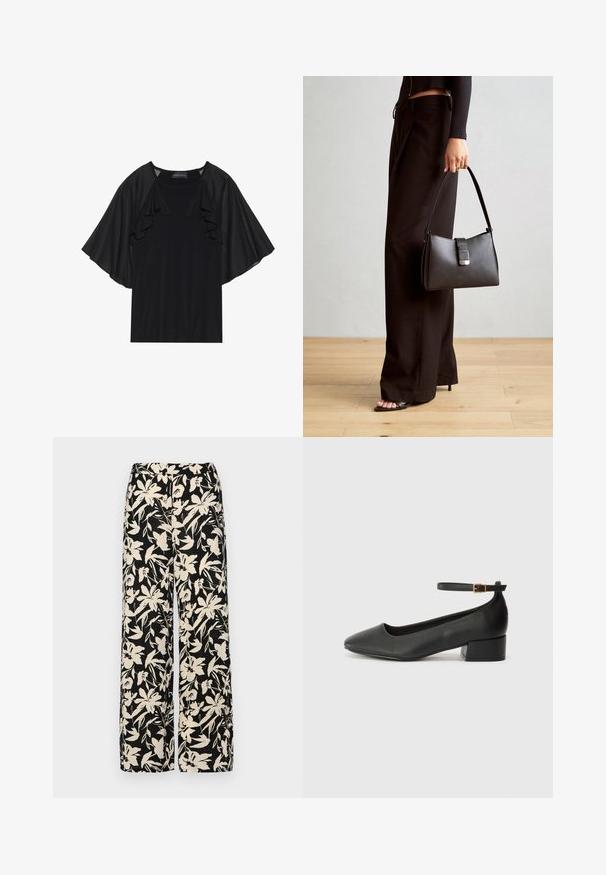 Černý top s krátkými, volánkovými rukávy a kulatým výstřihem. Materiál vypadá hladce s jemným leskem. Neformální design.; Černé krátké tričko vyrobené z hladkého materiálu, s peplum designem a opaskem v pase, ozdobené dvěma kulatými, stříbrnými knoflíky.; Černé kalhoty s širokými nohavicemi a krémovým květinovým vzorem. Vyrobené z lehké tkaniny, s hladkým povrchem a vysokým pasem.; Černé kožené lodičky s špičatou špičkou a nízkým blokovým podpatkem. Obsahují pásek kolem kotníku se zlatou sponou. Hladký povrch.; Černá kabelka se strukturovaným tvarem, hladkým povrchem a kovovým uzávěrem. Kombinována s širokými černými kalhotami a sandály s otevřenou špičkou na dřevěné podlaze.