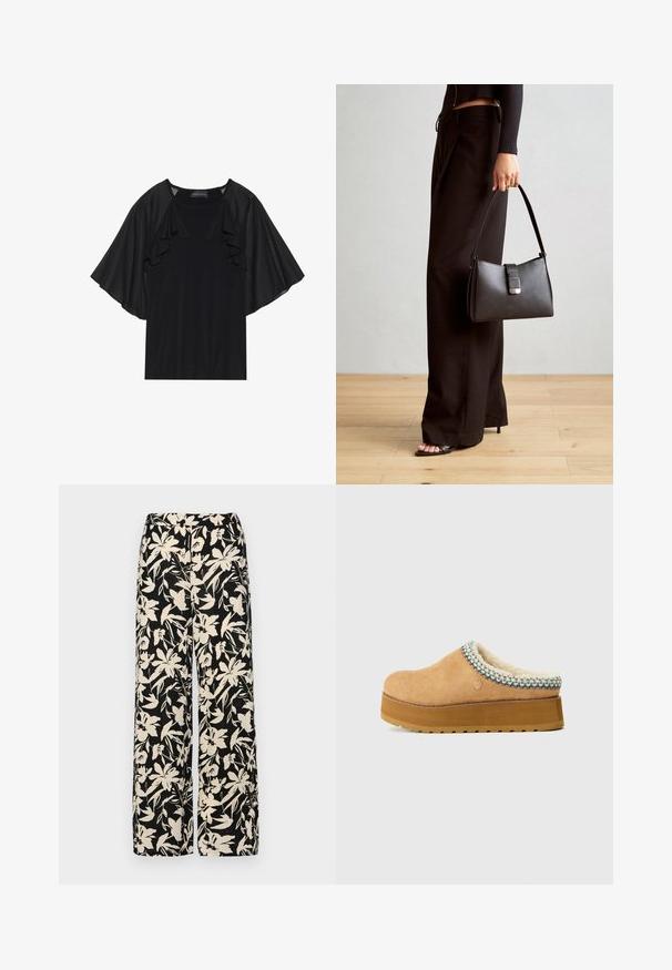 Must have lühikeste volangvarrukatega must top, millel on ümmargune kaelus. Materjal näeb välja sile ja kergelt läikiv. Loodud igapäevaseks kandmiseks.; Mustad laiad püksid kreemja lillemustriga. Valmistatud kergest kangast, millel on sile tekstuur ja kõrge vöökoht.; Kerged slip-on klotsid, millel on tekstureeritud seemisnahk, pehme vooder ja värvikas kootud aksent krae ümber. Paks platvormi tald.; Must musta kott, millel on struktureeritud kuju, sile tekstuur ja metallist klamber. Kombineeritud laiate mustade pükstega ja avatud varvaste sandaalidega puidust põrandal.