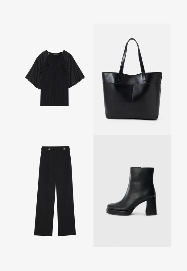 Black top featuring short, ruffled sleeves and a round neckline. The material appears smooth with a subtle sheen. Casual design.; Black wide-leg trousers with high waist, button details on waistband, and front pleats.; Black leather ankle boot with a block heel and platform sole, viewed from the side on a plain white background.; Black leather tote bag with two long handles, a smooth texture, and a structured shape. Features a front pocket for additional storage.