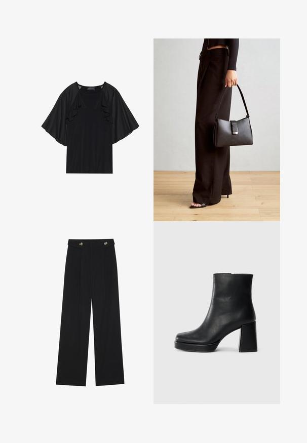 Črna majica z kratkimi, nabranimi rokavi in okroglim izrezom. Material se zdi gladek z rahlim sijajem. Prijeten, vsakdanji dizajn.; Črne široke hlače s visokim pasom, gumbnimi detajli na pasu in sprednjimi gubami.; Črne usnjene gležnjarje z blok peto in platformo, prikazane s strani na enobarvni beli podlagi.; Črna torbica z strukturirano obliko, gladko teksturo in kovinskim zaponko. Ujemajo se z širokimi črnimi hlačami in odprtimi sandali na lesenem tleh.