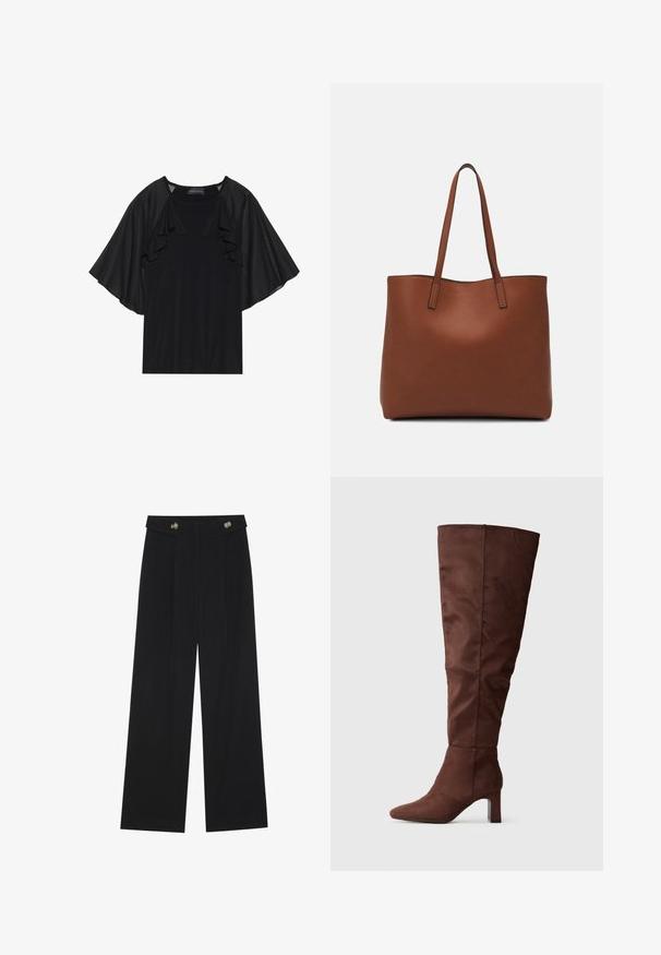 Sort top med korte, voluminøse ærmer og en rund halsudskæring. Materialet ser glat ud med en subtil glans. Casual design.; Sorte vide bukser med høj talje, knapdetaljer på taljebåndet og frontfald.; Brune knæhøje støvler lavet af blødt suede-lignende materiale. Har en spids tå og en stablet hæl for stabilitet. Glat, mat finish.; Brun læder tote taske med en glat overflade, åben topdesign og to skulderremme. Har minimal syning og ingen synlig hardware.