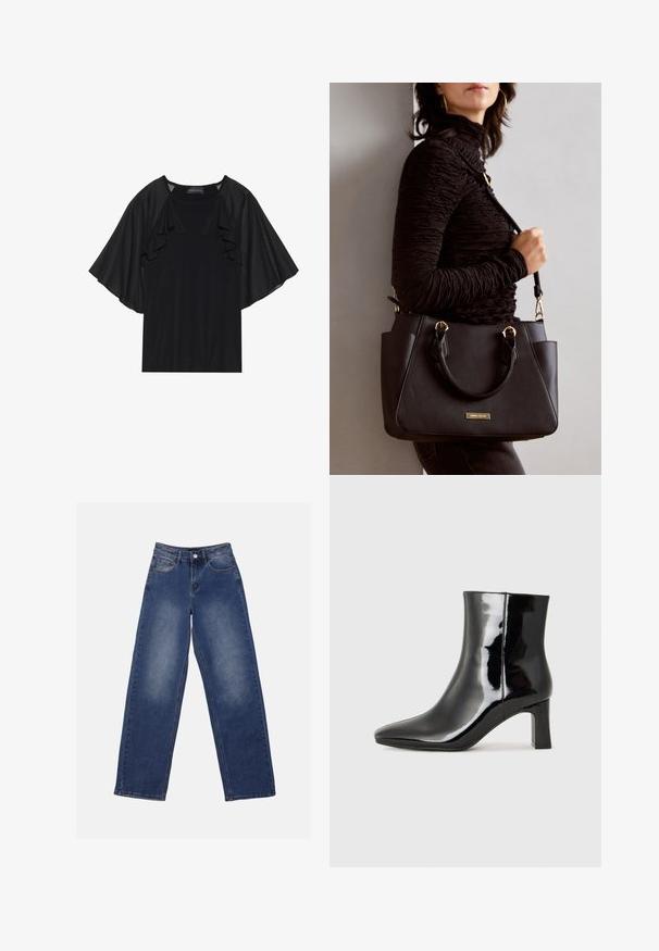 Črna majica z kratkimi, nabranimi rokavi in okroglim izrezom. Material se zdi gladek z rahlim sijajem. Prijeten, vsakdanji dizajn.; Anna Field Široke hlačnice - blue wash; Črne lakirane gležnjarje z ošiljenim nosom in srednje visokim blokastim peto. Gladka tekstura in minimalističen dizajn.; Črna torbica z teksturirano površino, z dvema zgornjima ročajema in nastavljivim ramenskim pasom. Ima zlatovrateče dodatke in stranske žepe.