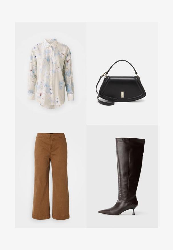 Kwiatowa koszula z guzikami, wykonana z lekkiego materiału. Posiada duże niebieskie i różowe wzory kwiatowe na jasnobeżowym tle. Długie rękawy z mankietami.; Brązowe szerokie spodnie wykonane z miękkiego materiału o gładkiej fakturze, z wysokim stanem i przeszyciami.; Brązowy skórzany kozak do kolan z szpiczastym nosem i smukłym obcasem. Gładka tekstura i elegancki design, charakteryzujący się minimalistyczną sylwetką.; Czarna skórzana torebka o strukturalnym designie, z przyciętą formą, górnym uchwytem i złotymi akcentami. W zestawie regulowany pasek na ramię.