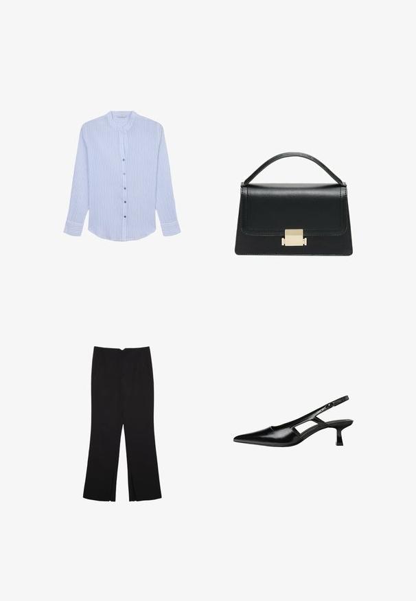 Light blue button-up shirt with vertical white stripes. Features a mandarin collar and long sleeves with buttoned cuffs.; Black trousers with a straight fit, featuring front pockets and side slits at the hem. Made of soft, smooth fabric. Suitable for various occasions.; Black patent leather slingback heels with a pointed toe, cut-out side design, and a small square heel. Smooth texture with minimal accents.; Black leather handbag with a structured design, top handle, and a gold metal clasp detail on the front. Smooth texture, minimal stitching.
