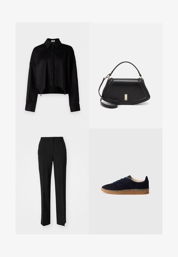 Mustavalkoinen napitettava lyhythihainen paita, jossa on kaulus, sileä rakenne, pitkät hihat ja pyöristetty helma. Napit ovat mustat.; Mustat räätälöidyt housut suoraa lahjetta, joissa on sileä pinta ja terävät taitteet edessä. Ei näkyvää metalliosaa.; Laivastonsininen mokkanahkainen tennari, jossa on kuminahkainen pohja, siniset nauhat ja minimalistinen muotoilu. Sivussa on kohokuvioitu logo ja sisäpuolella sileä vuori.; Mustalla nahkalaukulla, jossa on jämäkkä muotoilu, lyhyt malli, yläkahva ja kultaiset yksityiskohdat. Säädettävä olkahihna sisältyy.