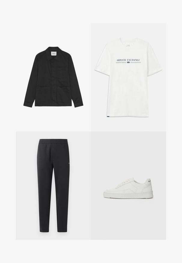 Schwarze Jacke mit kragenförmigem Ausschnitt, vorderer Knopfleiste, zwei aufgesetzten Taschen und langen Ärmeln. Hergestellt aus einem glatten Stoff.; Weißes Baumwoll-T-Shirt mit kurzen Ärmeln, das ein blaues und grünes "ARMANI EXCHANGE"-Logo zeigt, mit "1991" zentriert darunter.; Schwarze Jogginghosen aus weichem Stoff, mit einem elastischen Bund, geraden Beinen und einem kleinen Logodetail an der Seite.; Weiße Ledersneaker mit glatter Oberfläche, runder Zehenpartie, flachen Schnürsenkeln und strukturiertem Sohlenprofil. Mit einem dezenten Logo an der Ferse.