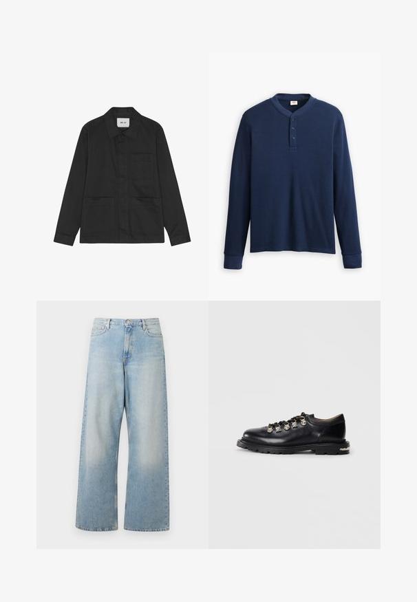 Zwarte jas met een kraag, sluiting met knopen aan de voorkant, twee opgestikte zakken en lange mouwen. Gemaakt van een gladde stof.; Langdraagbare marineblauwe henley shirt van ribstof. Heeft een ronde halslijn en een knoopsluiting met drie knopen. De mouwen zijn aangesloten.; Lichtblauwe wijde jeans van denim, met een hoge taille, voorzakken en een vervaagde wasbeurt met subtiele slijtageplekken op de dijen.; Zwarte leren lage schoen met dikke zool, metalen oogjes, decoratieve zilveren charmes aan de veters en een gestructureerde loopzool.