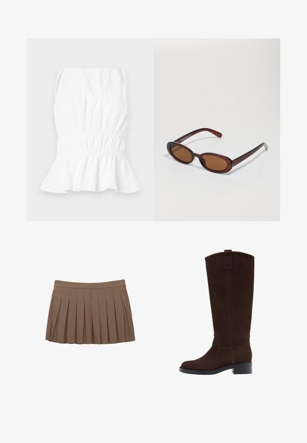 Weißes ärmelloses Oberteil mit gerafftem Taillenbund und ausgestelltem Saum. Aus leichtem Stoff gefertigt, mit weicher Textur und verstellbaren Trägern.; Brauner gefalteter Minirock mit einem Taillenbund und subtilen Seitenlogo-Details auf einem weißen Hintergrund.; Braune Wildleder-Stiefel bis zum Knie mit runder Fußspitze, dezenten Nähten und einem niedrigen Blockabsatz; verfügen über eine Zuglasche oben für einfaches Anziehen.; Runde, braun getönte Sonnenbrillen mit einem glänzenden burgunderfarbenen Rahmen. Schlanke Bügel mit dezentem Branding. Flaches Linsendesign.; Braune, geflochtene Lederhandtasche mit einer lässigen, dreieckigen Form. Verfügt über einen geflochtenen Griff und einen Reißverschluss an der Oberseite.