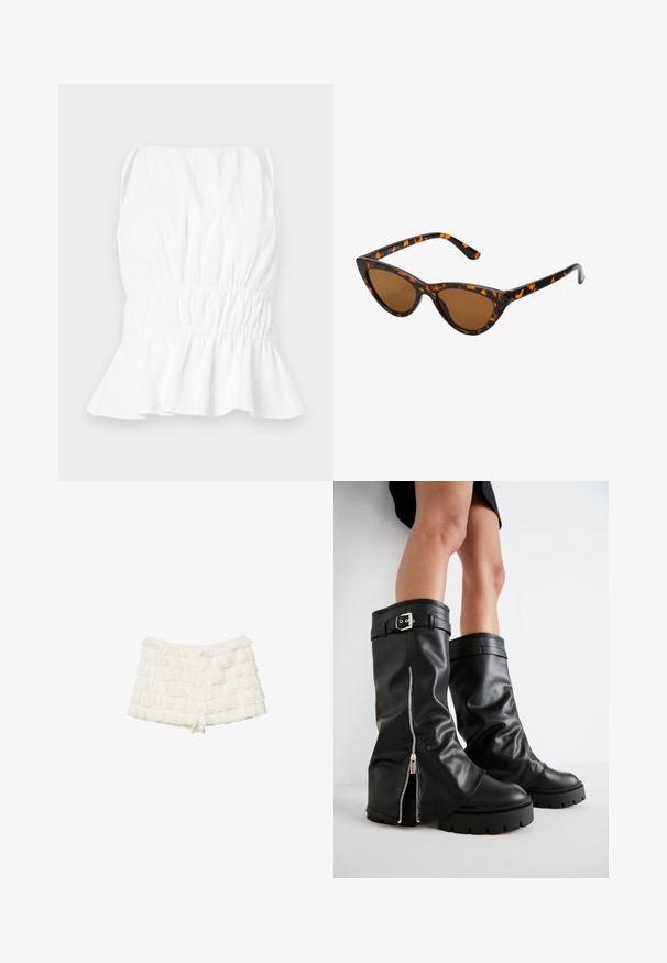 Weißes ärmelloses Oberteil mit gerafftem Taillenbund und ausgestelltem Saum. Aus leichtem Stoff gefertigt, mit weicher Textur und verstellbaren Trägern.; Stradivarius Shorts - white; Schwarze Lederstiefel bis zum Knie mit weiter Schaftweite, seitlichem Reißverschluss und Schnallenakzent, strukturierter Oberfläche und robuster Gummisohle.; Katzenaugen-Sonnenbrille mit einem schwarz-orangenen Schildpattrahmen, braunen Gläsern und schlanken, spitzen Enden. Verfügt über ein minimalistisches Logo am Bügel.