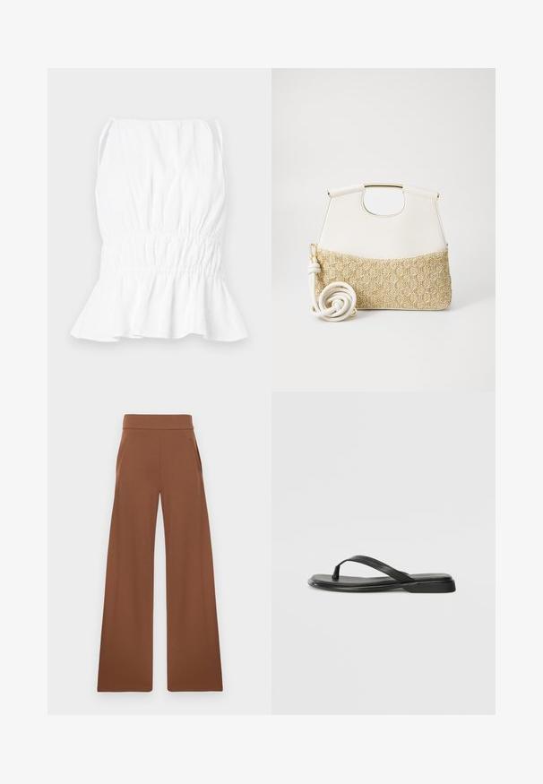 Λευκή αμάνικη μπλούζα με μαζεμένη μέση και φαρδιά ρεβέρ. Φτιαγμένη από ελαφρύ ύφασμα, διαθέτει μαλακή υφή και ρυθμιζόμενους ιμάντες.; Καφέ παντελόνια με φαρδιά πόδια, φτιαγμένα από απαλό και ελαστικό ύφασμα. Διαθέτουν ψηλή ζώνη και πλαϊνές τσέπες, σχεδιασμένα για άνετη εφαρμογή.; Μαύρο σχέδιο σαγιονάρας από λείο δέρμα, με λεπτό σχέδιο ιμάντα και επίπεδη σόλα με μίνιμαλ προφίλ. Χωρίς αξιοσημείωτα σχέδια ή αξεσουάρ.; Λευκή δερμάτινη τσάντα χειρός με υφασμάτινη κάτω πλευρά σε κρεμ απόχρωση με υφή. Διαθέτει χρυσό χερούλι και πλεγμένο λευκό λουρί για ευελιξία.