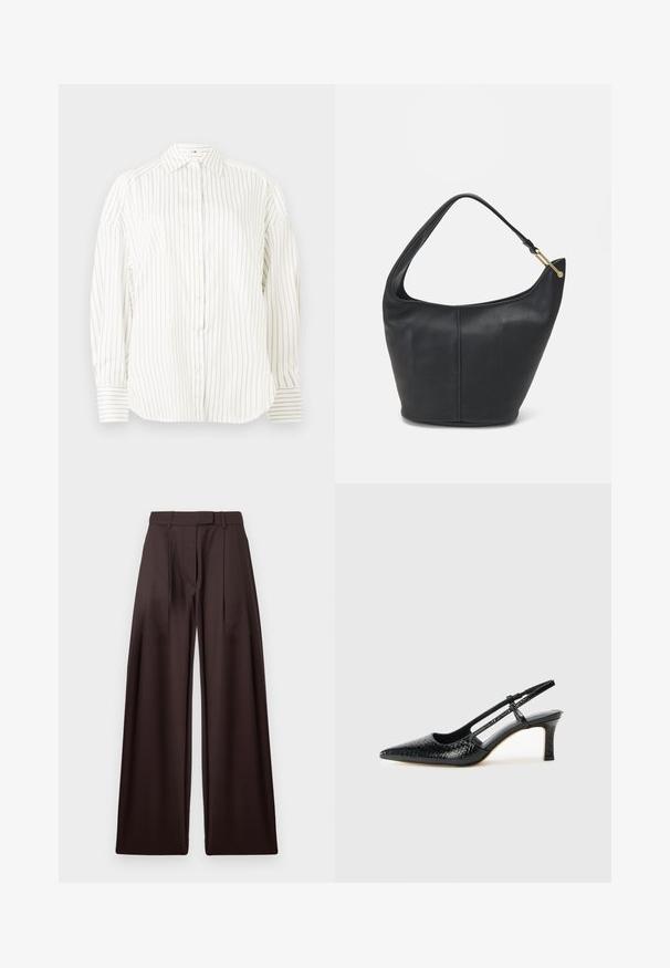 Biała koszula z guzikami z delikatnymi pionowymi złotymi paskami, klasycznym kołnierzykiem i lekko bufiastymi rękawami, z wyrazistymi mankietami w pasujące paski.; Brązowe spodnie o szerokich nogawkach z wysokim stanem, z dwoma fałdami z przodu i gładką teksturą. Tkanina wydaje się lekka i elegancka.; Czarne lakierowane czółenka na obcasie typu slingback z wąskim noskiem, z teksturowanym wzorem wężowym, regulowanym paskiem oraz krótkim, teksturowanym obcasem w kształcie słupka.; Czarna skórzana torebka o okrągłym kształcie, z szerokim paskiem i teksturowanym wykończeniem. Posiada subtelny detal szwu i akcenty w odcieniu złota.
