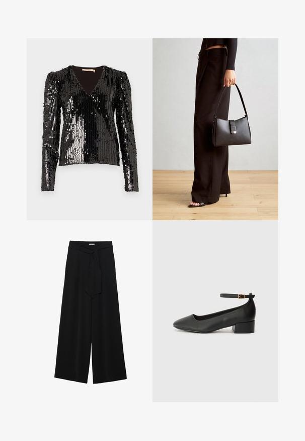 Black sequined long-sleeve top featuring a V-neck and puffed shoulders, with a smooth, textured surface reflecting light.; Black wide-leg pants featuring a textured fabric, an elastic waistband, and a detachable sash tie at the waist for adjustable fit.; Black leather pump with a pointed toe and a low block heel. Features an ankle strap with a gold-tone buckle. Smooth texture.; Black handbag with structured shape, smooth texture, and a metallic clasp. Paired with wide black pants and open-toe sandals on wooden floor.