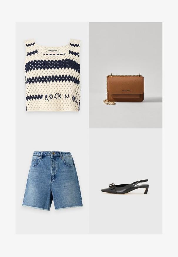 Virkattu crop top vaaleanruskeana, tummansinisillä raidoilla ja "ROCK N ROLL" -tekstillä. Ominaisuuksiin kuuluu neliömäinen pääntie ja leveät olkainhihnat. Avoin kudontateksi.; Vaaleansiniset farkkushortsit, joissa on korkea vyötärö, nappikiinnitys, etutaskut ja risat reunat rennon istuvuuden saavuttamiseksi.; Musta nahkainen slingback-kengät terävällä kärjellä, pienellä korolla ja koristeellisella solkikuvioinnilla yläosassa. Sujuva pinta, minimalistinen muotoilu.; Ruskean teksturoidun nahkasta valmistettu crossbody-laukku, jossa on kultaketjuhihna ja läppäkiinnitys. Edessä on logodetail ja tasku läppäisen alla.