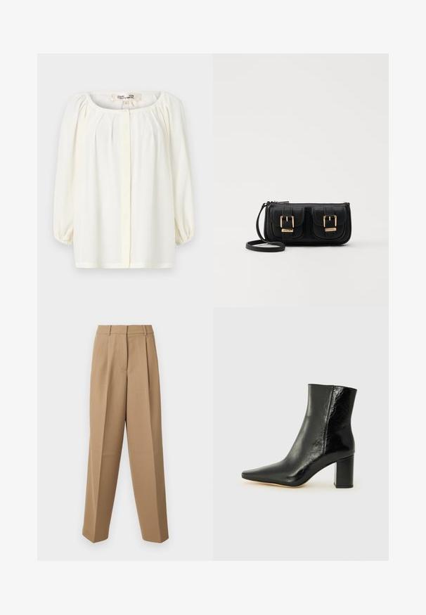 White blouse with a scoop neckline, pleated front, and three-quarter puff sleeves. Made of lightweight fabric with a soft texture.; Beige tailored trousers with a high waist, pleated front, and wide-leg cut. The fabric appears smooth with a slight sheen.; Black ankle boot made of glossy leather with a pointed toe and a chunky, square heel. Features a smooth texture and minimalistic design.; Black leather crossbody bag with two front pockets, gold buckles, zipper closure, and a slim strap. Textured surface and compact rectangular shape.