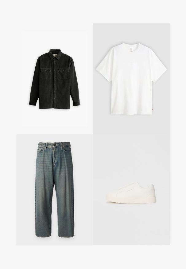 Crna korduroy košulja s dugmadi sprijeda, ovratnikom i dva džepa na prsima. Ima teksturirano platno i ravni kroj.; Bijela kratka majica od pamuka s okruglim izrezom. Sadrži suptilni reljefni logo detalj sprijeda i crvenu oznaku na rubu.; Svijetloplave traperice s širokim krojem, srednjim pojasom i ravnim nogavicama. Ima pet džepova, petlje za remen i kopčanje na gumb.; Bijele slip-on tenisice s teksturiranom površinom, debelim đonom i minimalističkim dizajnom. Sadrže logo branda sa strane.