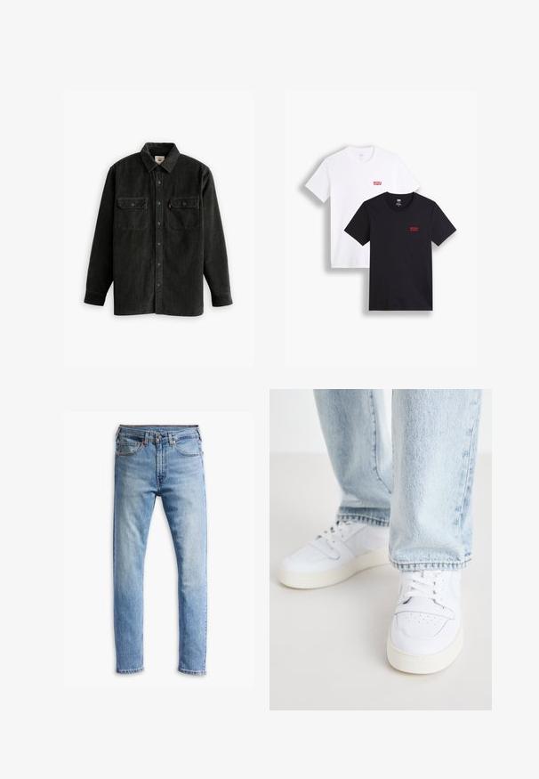 Sort fløjlskjorte med knaplukning foran, krave og to brystlommer. Har struktureret stof og en lige skæring.; To korteærmede T-shirts: en hvid og en sort. Begge lavet af bomuld med et rødt Levi's-logo på brystet. Enkel crew-neck design.; Lyseblå denimjeans med lige snit, fem lommer, knaplukning og subtil falming over stoffet.; Hvide læder lav-top sneakers med perforerede tå, flade snørebånd og minimalistisk design. Kombineret med lyseblå denim jeans.